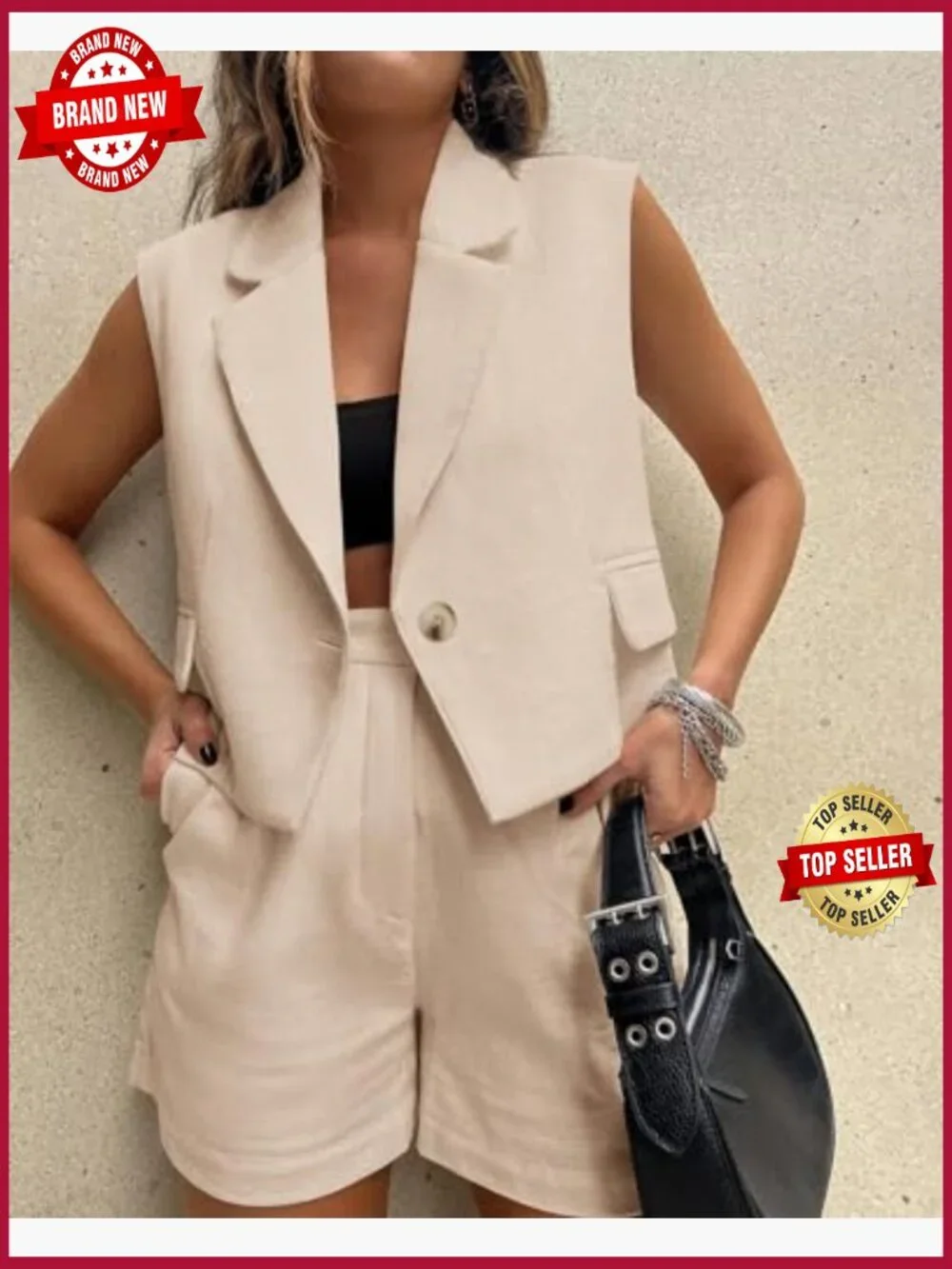 2 Piece Shorts Set Women Sleeveless Vest Blazer Business Casual - Picture 3 of 7